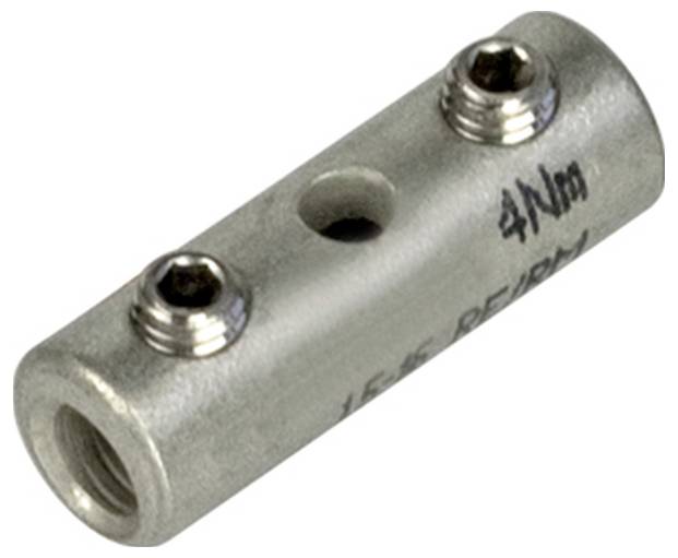 Ein zylindrischer Metallverbinder mit zwei Schrauben oben und einem zentralen Loch, mit handschriftlichen Spezifikationen an der Seite.