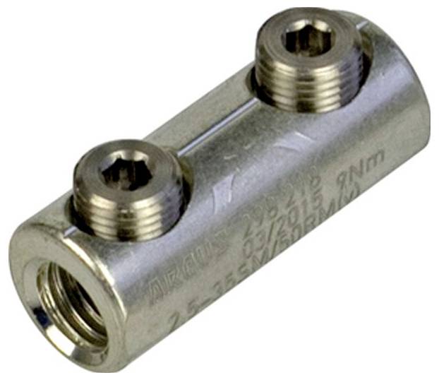 Ein metallischer Adapterstecker mit gravierten Texten und zwei Gewindeanschlüssen zum Anschließen von Armaturen, verwendet in Sanitär- oder mechanischen Systemen.