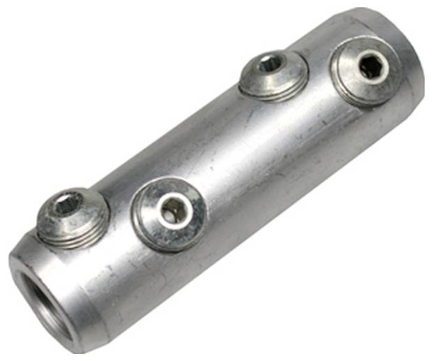 Ein Metallaluminium-Drahtverbinder mit vier Schraubenlöchern, der zum Befestigen von elektrischen Leitungen verwendet wird, häufig in gewerblichen und privaten Elektroinstallationen.