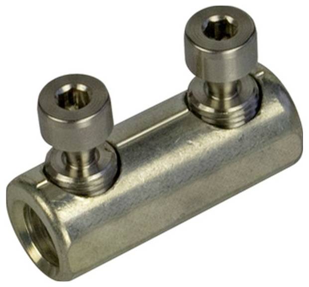 Ein zylindrischer Metall-Kompressionssteckverbinder mit zwei verschraubten Sechskantschrauben an der Oberseite, der zum Verbinden und Sichern von elektrischen Kabeln verwendet wird.