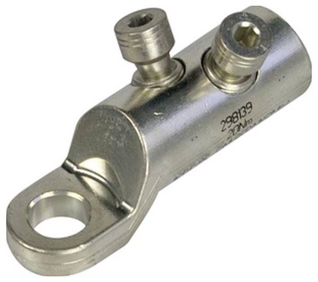 Ein metallischer Kabelschuh mit Löchern für Kabelverbindungen und Schrauben zum Befestigen. Wird in elektrischen Anwendungen für Leitfähigkeit und Befestigung verwendet.