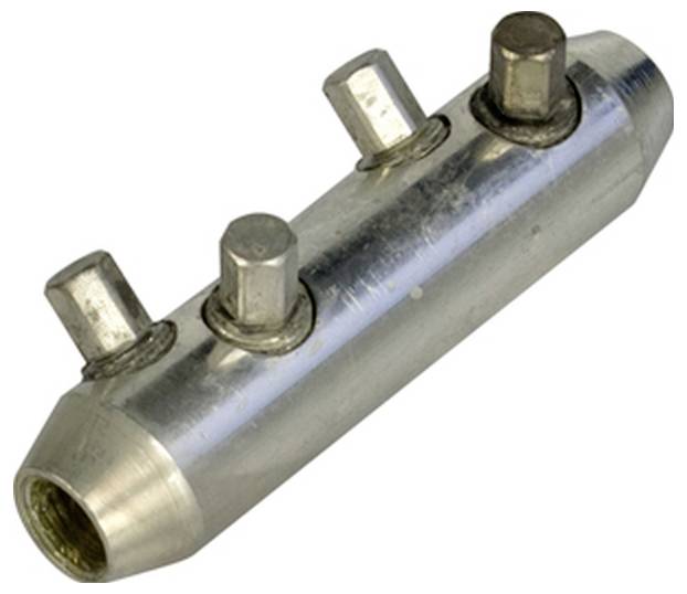 Eine Metallverbindungsstange mit drei in einer Reihe angeordneten vorstehenden Bolzen, die für mechanische oder industrielle Zwecke verwendet wird.