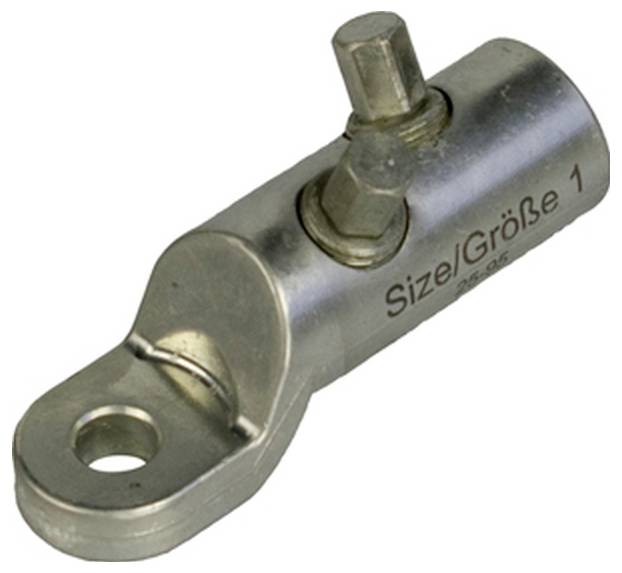 Eine Kabelöse aus Metall, gekennzeichnet mit ‚Size/Größe 1', die ein Loch zur Befestigung und einen Bolzen oben zum Sichern eines Kabelendes aufweist.