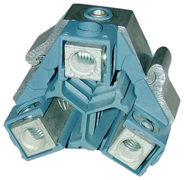 Ein dreiadrige elektrische Verbindung mit verschraubten Metallkontakten, die in einem blauen Kunststoffgehäuse gekapselt sind, konzipiert für sichere elektrische Verbindungen.