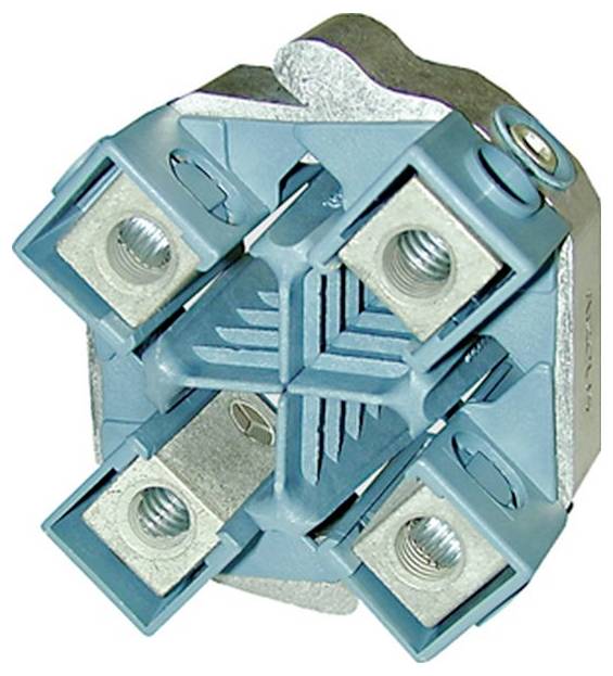 Ein vier-poliger mechanischer Verbinder mit blauem Isoliergehäuse, der mehrere Öffnungen für elektrische Drahtanschlüsse aufweist.