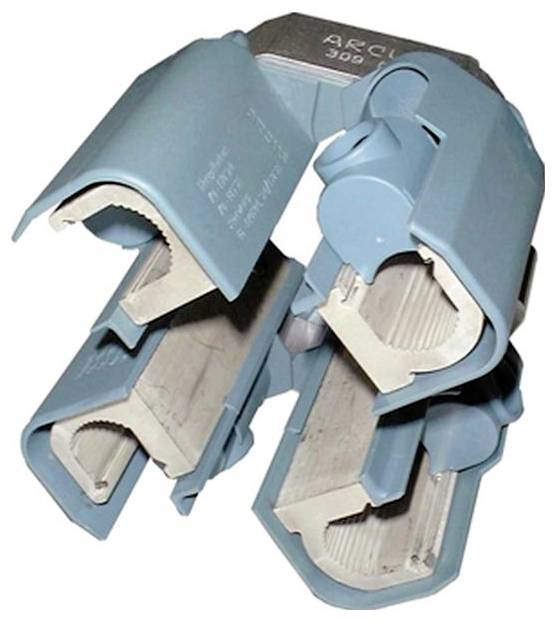 Metallisches Handwerkzeug mit auswechselbaren Backenaufsätzen zum Crimpen verschiedener Anschlussgrößen; mit 'ARC' und '308' beschriftet.