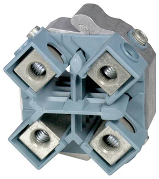 Ein Kabel-Anschlussblock aus Metall und Kunststoff mit vier Löchern für elektrische Verbindungen.