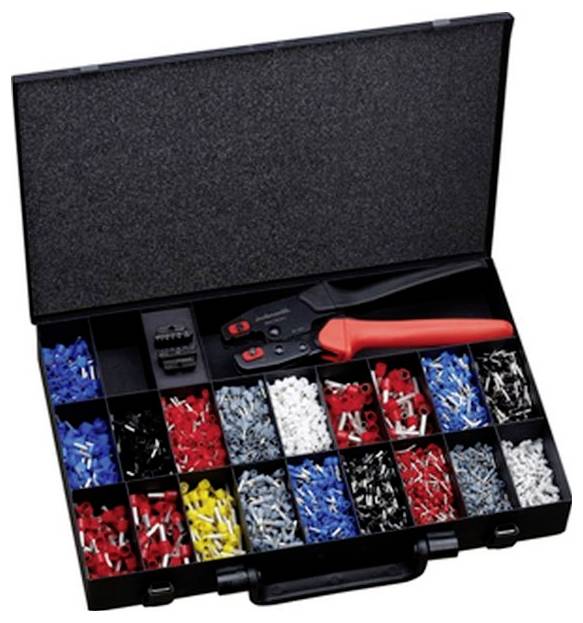Eine offene schwarze Werkzeugkiste mit verschiedenen bunten elektrischen Anschlüssen und einem Crimpwerkzeug mit rotem Griff.