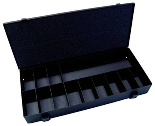 Geöffnete schwarze Aufbewahrungsbox mit mehreren rechteckigen Fächern, Deckel angehoben. Geeignet zur Organisierung von Kleinteilen.