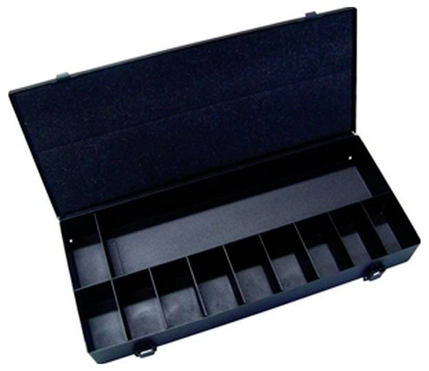 Eine offene, schwarze Plastik-Angelbox mit mehreren Fächern zur Organisation von Gegenständen, von oben betrachtet.