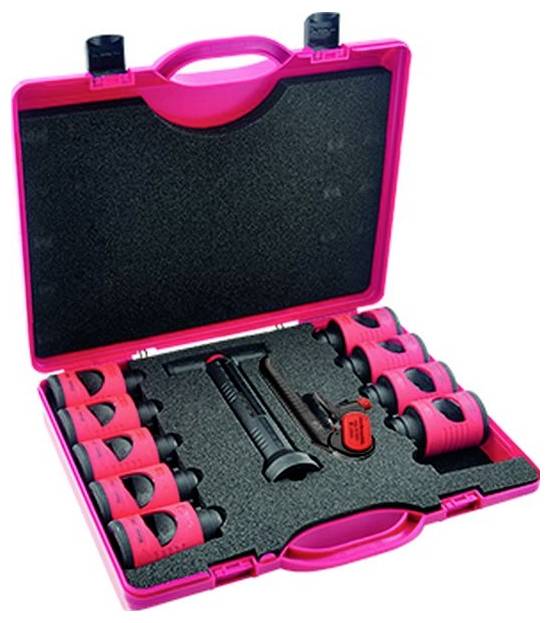 Pinker automotiver Schlossöffnungswerkzeug-Satz in einer Transporttasche, enthält einen Griff und mehrere Aufsätze für verschiedene Schlossarten.