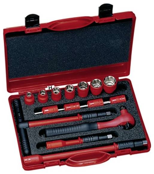 Ein roter Werkzeugkoffer mit sortenreinen Steckschlüsseln, Knarren und Verlängerungen, übersichtlich in Schaumstoff eingeordnet für bequeme Aufbewahrung und Transport.