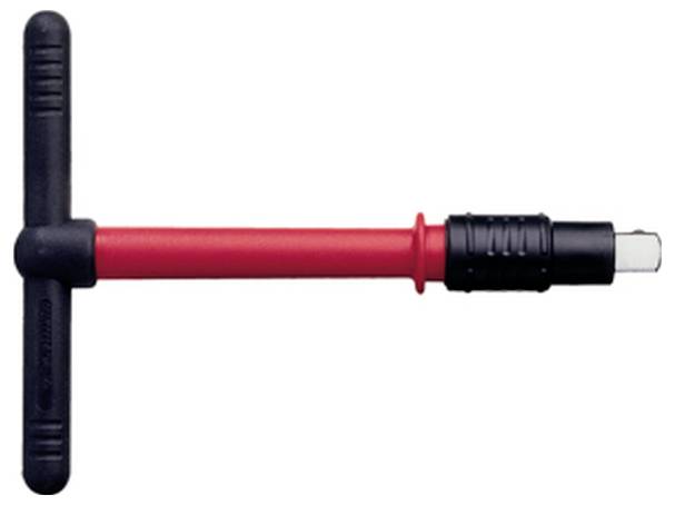 Ein rot und schwarz gefärbter T-Griff-Steckschlüssel mit rotem Arm und schwarzem Griff, entwickelt für einfaches Drehen und Kraftübertragung.