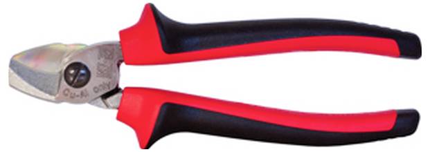 Rot und schwarz-gehaftete Kabelschneider mit einem metallischen Kopf, entwickelt zum Schneiden von elektrischen Kabeln.