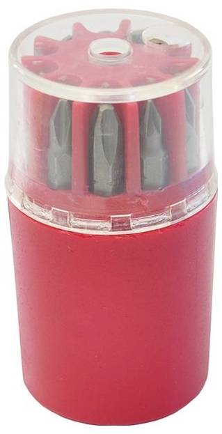 Ein roter zylindrischer Schraubendreher-Bithalter mit einer transparenten Kappe, in dem mehrere schwarze Schraubendreher-Bits zu sehen sind.