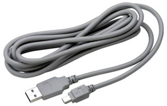 Ein grauer USB-Kabel mit einem Standard-USB-Anschluss auf der einen Seite und einem Micro-USB-Anschluss auf der anderen Seite.