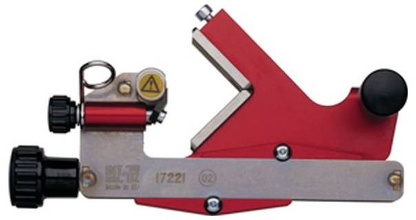 Ein rot und silber gehaltenes Glasfaserkabel-Schneidwerkzeug mit verstellbaren Knöpfen und einer Sicherheitswarnetikette.