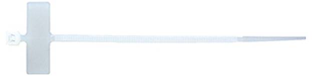 Eine transparente Kabelbinder wird gezeigt, mit einem quadratischen Verschlusskopf und einem langen gezahnten Riemen, der zum Sichern von Gegenständen entwickelt wurde.