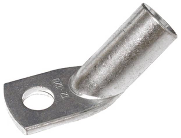 Ein metallischer Anschlussklemme mit einem gewinkelten Rohr und einer flachen Endseite, mit einem Loch zur Befestigung.