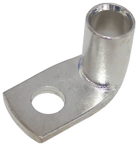 Ein metallischer Kabelschuh mit einer flachen Basis und einer zylindrischen Öffnung, konzipiert für elektrische Kabelverbindungen.