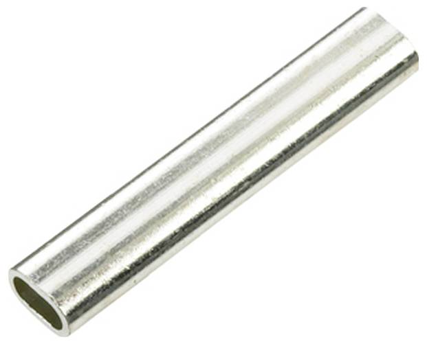 Eine silberne Metalltülle, zylindrisch und hohl, die dazu dient, zwei Enden eines Kabels oder Drahtes miteinander zu verbinden.