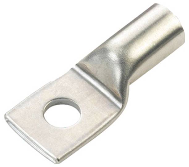 Eine Nahaufnahme einer Metallkabelschuhlitze mit einem kreisrunden Loch an einem Ende und einer röhrenförmigen Öffnung am anderen Ende, die zum Anschluss von Drähten verwendet wird.