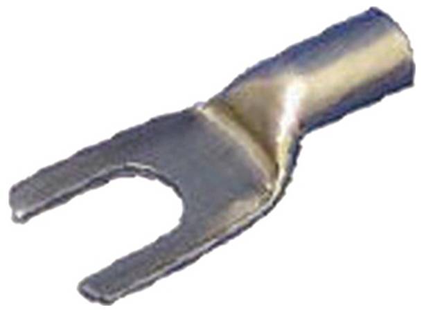 Eine Klemme aus Metall mit U-förmigem Ende, die zum Anschließen von elektrischen Leitungen an Schraubklemmen verwendet wird.