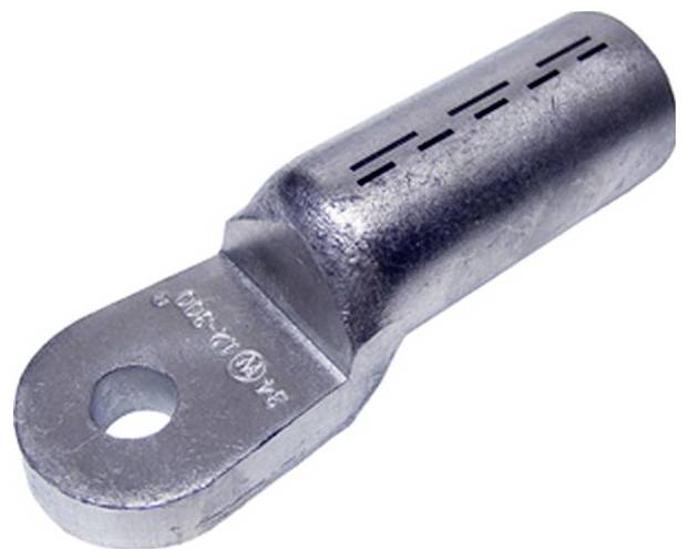 Eine metallische Lasche mit einem Loch zur Befestigung und einem zylindrischen Ende zum Crimpen von Drähten.