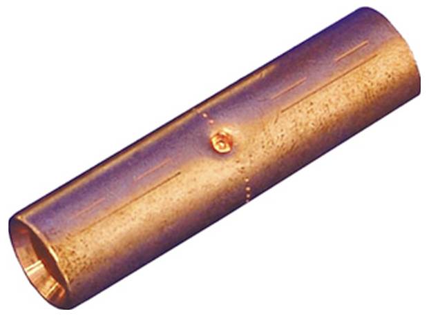 Ein Kupfer-Kompressionsstecker zum sicheren Verbinden von zwei Elektroleitungen, zylindrisch geformt mit einer einzelnen Markierungsrille.