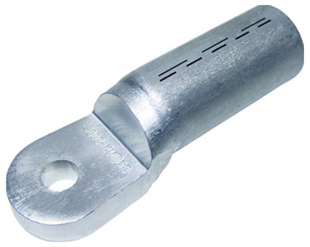 Metallschuhklemme, zylindrische Form, mit einem flachen Anschlussblech, das ein Loch für die Befestigung elektrischer Leitungen aufweist.