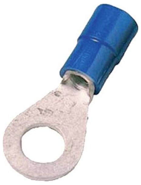 Ein blauer isolierter Ringkabelschuh, verwendet zum Anschluss von elektrischen Leitungen, mit einer Metallöse an einem Ende und Drahteinführung am anderen Ende.