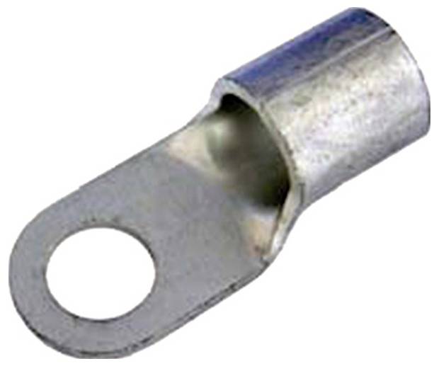 Eine Metalllasche mit einem zylindrischen Anschluss an einem Ende und einem flachen, kreisrunden Loch am anderen Ende, die zur elektrischen Kabelverbindung verwendet wird.