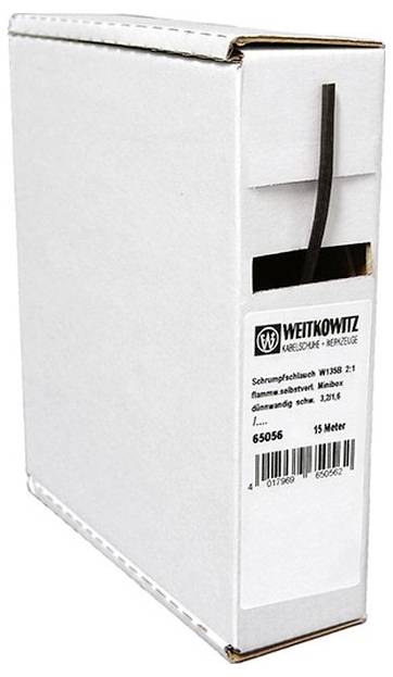 Weiße Schrumpfschlauchbox mit teilweise sichtbarem Etikett, das Produktinformationen und das Firmenlogo zeigt.