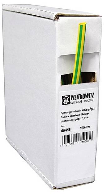 Eine weiße Box mit der Aufschrift 'Weitkowitz Kabelschuhe' mit teilweise sichtbaren gelben und grünen Kabeln, die eine Länge von 15 Metern anzeigt.