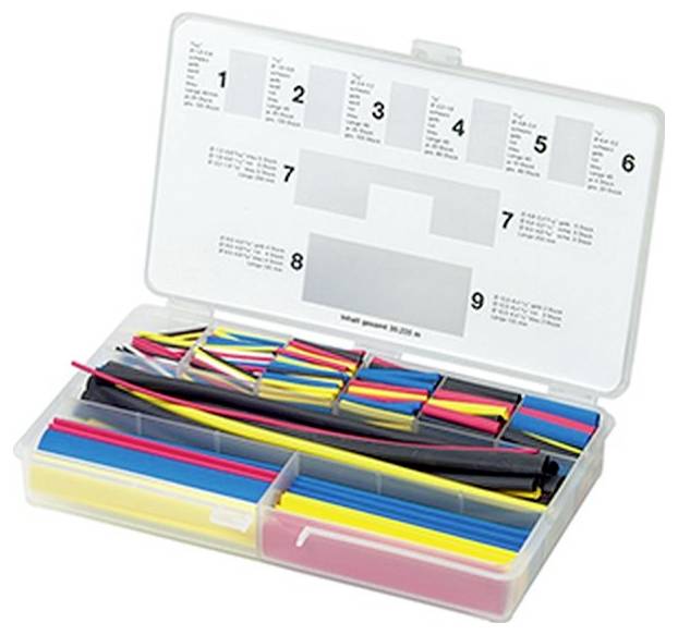 Eine Plastikbox mit einem durchsichtigen Deckel enthält verschiedene bunte Schrumpfschläuche, nach Größe und Farbe sortiert.