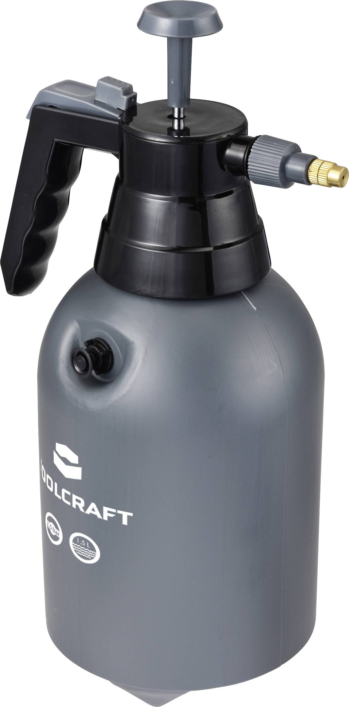 Eine graue Sprühflasche mit schwarzem Griff und Messingdüse, verwendet für Garten- oder Reinigungsaufgaben, gekennzeichnet mit Markenlogos.