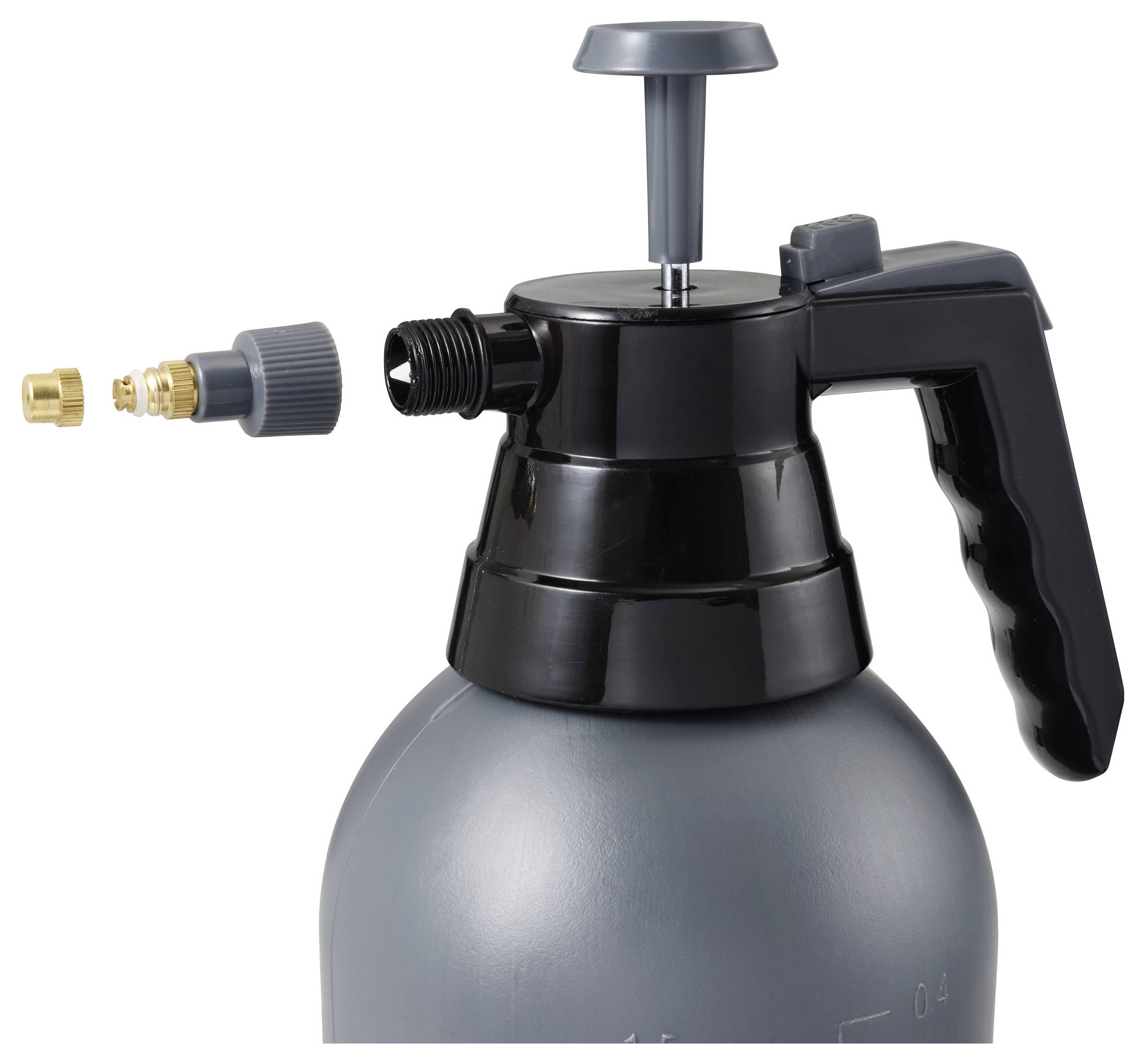 Eine grau-schwarze tragbare Gartensprühflasche mit abgenommenem Sprühkopf, die Montageteile zeigt, einschließlich einer Schraubkappe und eines Druckentlastungsknopfs.
