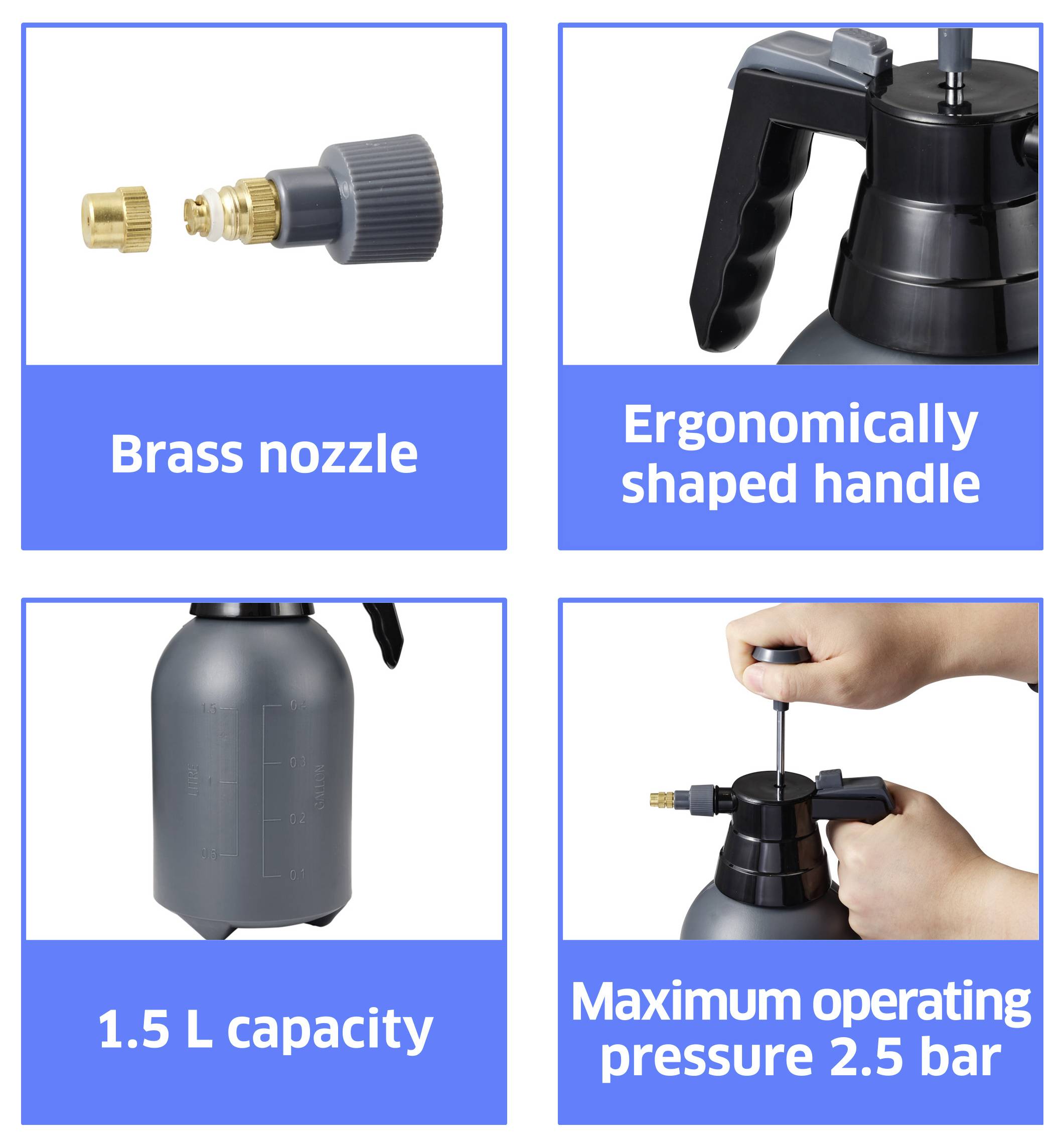 'Messingrohr'; 'Ergonomisch geformter Griff'; '1,5 L Fassungsvermögen'; 'Maximaler Betriebsdruck 2,5 bar'. Bilder, die Merkmale einer Sprühflasche veranschaulichen.