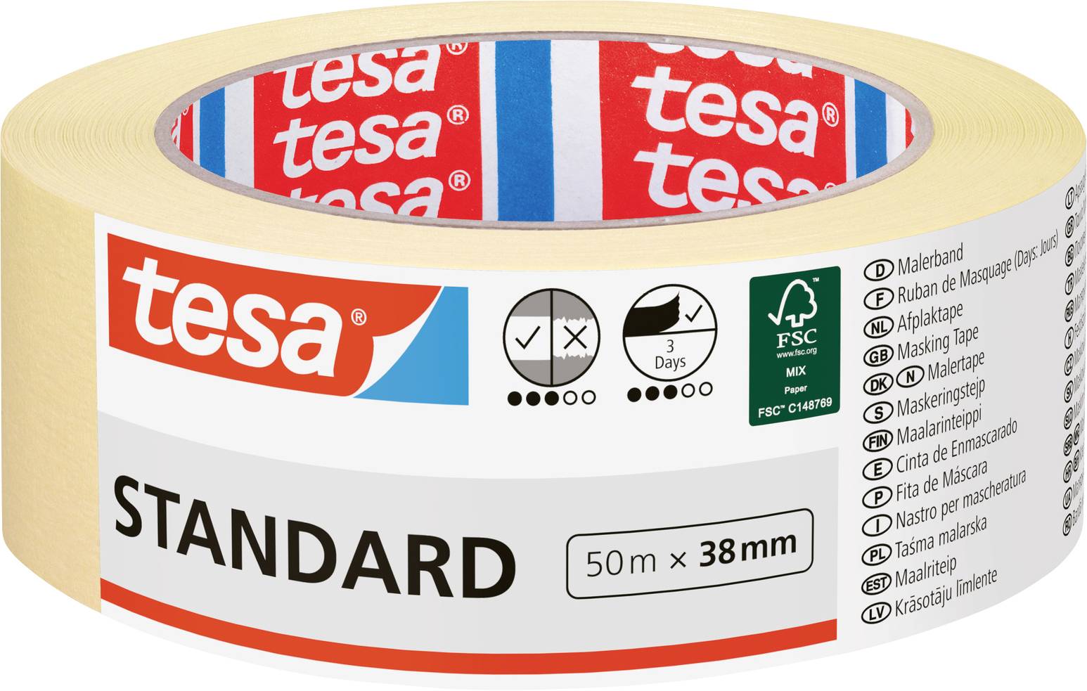 Eine Rolle Tesa Abklebeband mit der Bezeichnung „STANDARD 50m x 38mm