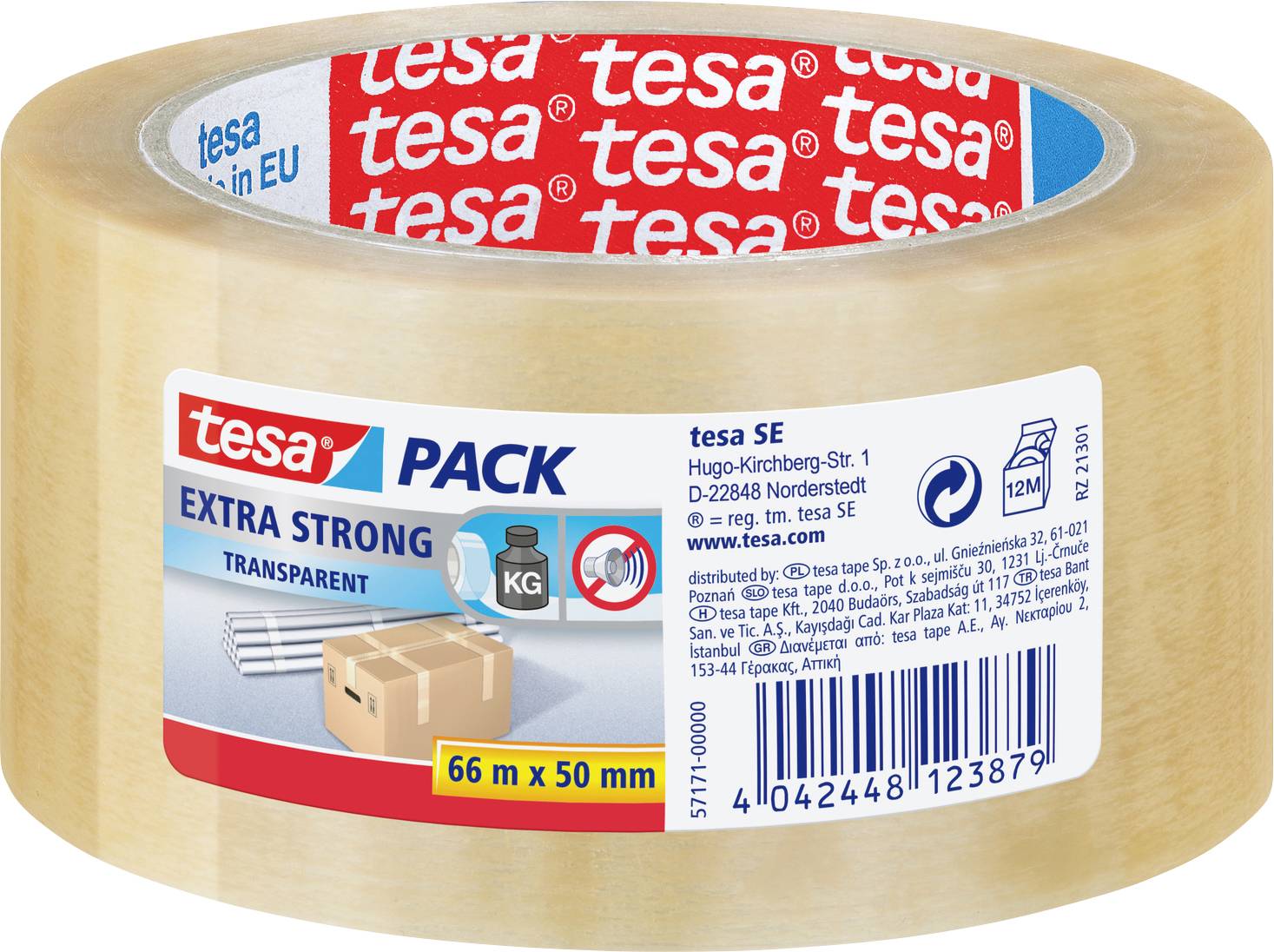 Transparente Packband-Rolle mit Etikett: 'tesa Pack' 'Extra Strong', 66m x 50mm. Geeignet für schwere Pakete, hergestellt in der EU.