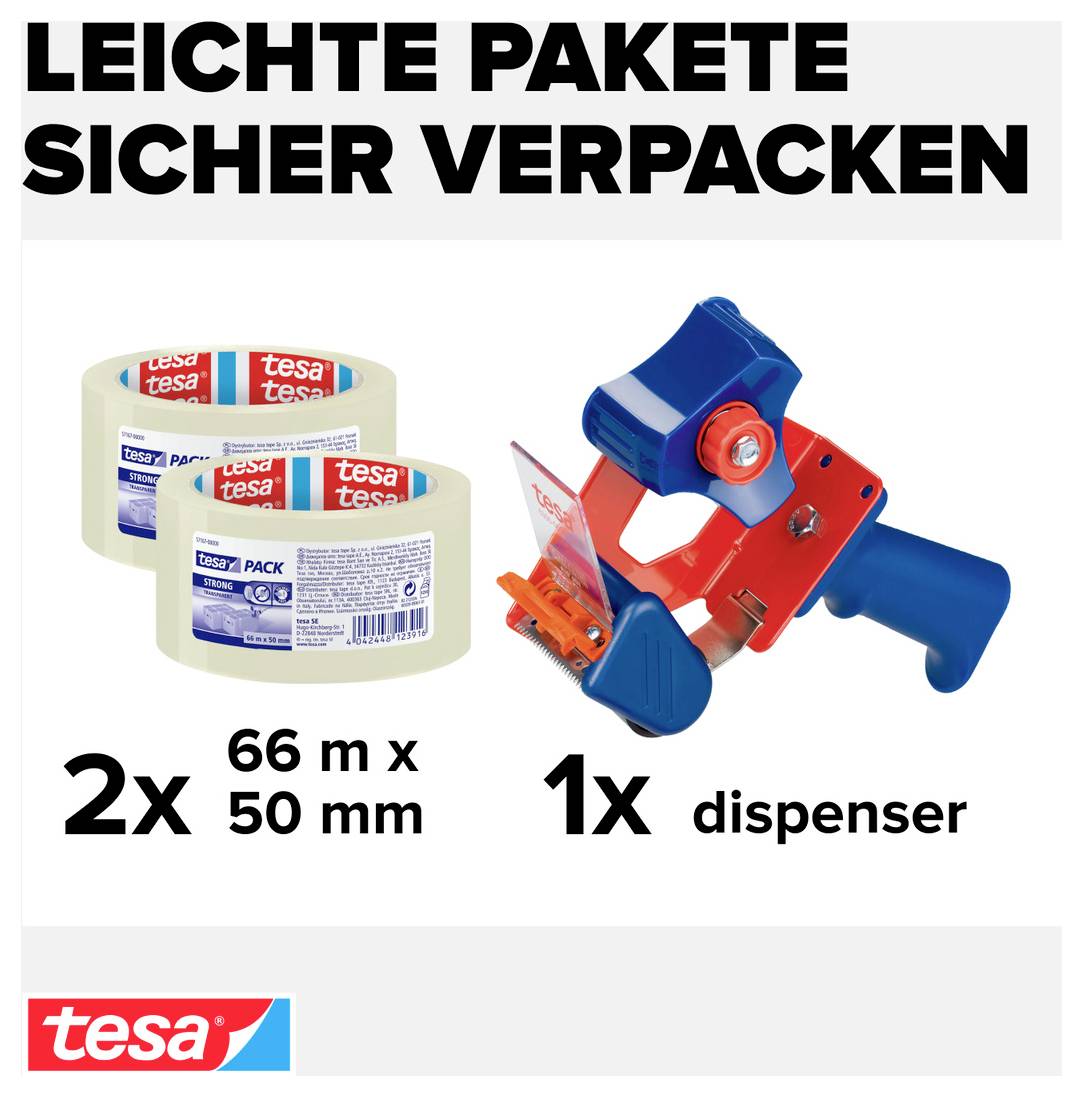 Werbung für sicheres Verpacken: 2 Klebebandrollen 66 m x 50 mm und 1 Dispenser, mit tesa-Logo und Text 'LEICHTE PAKETE SICHER VERPACKEN'.