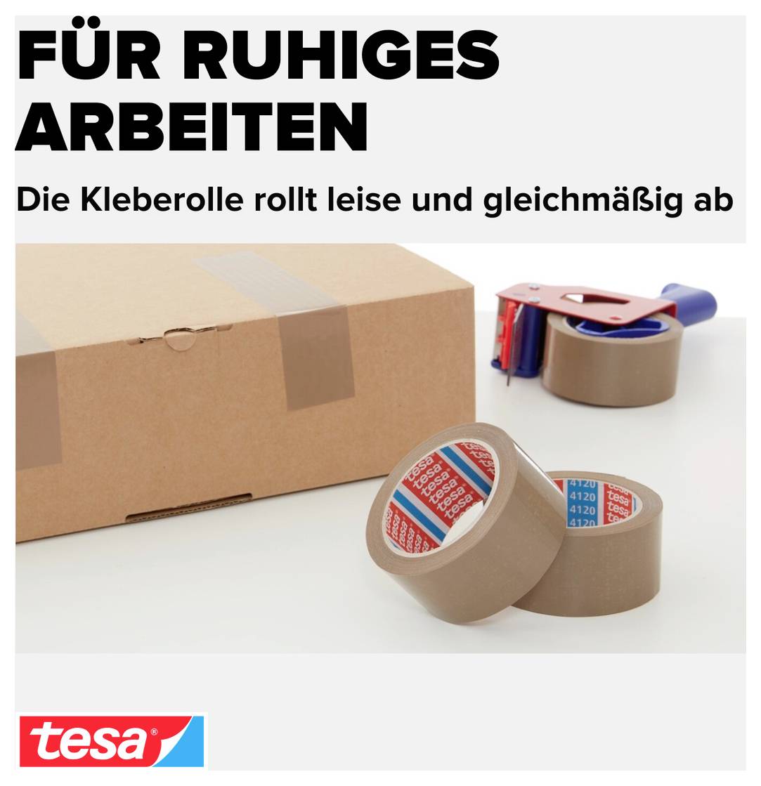 Werbung für tesa-Packband: 'Für ruhiges Arbeiten', die Kleberolle rollt leise und gleichmäßig ab; mit Karton, Kleberoller und Packbandrollen.