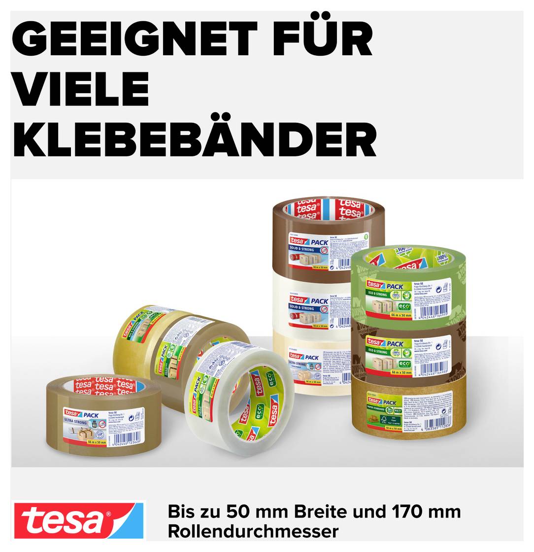 Werbegrafik: 'Geeignet für viele Klebebänder' mit mehreren tesa-Klebebandrollen; bis zu 50 mm Breite und 170 mm Rollendurchmesser.