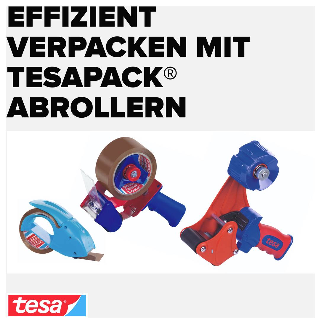 Werbung für Tesapack-Abroller: drei farbige Verpackungsband-Abroller und der Text 'Effizient verpacken mit Tesapack® Abrollern' sowie das tesa-Logo.