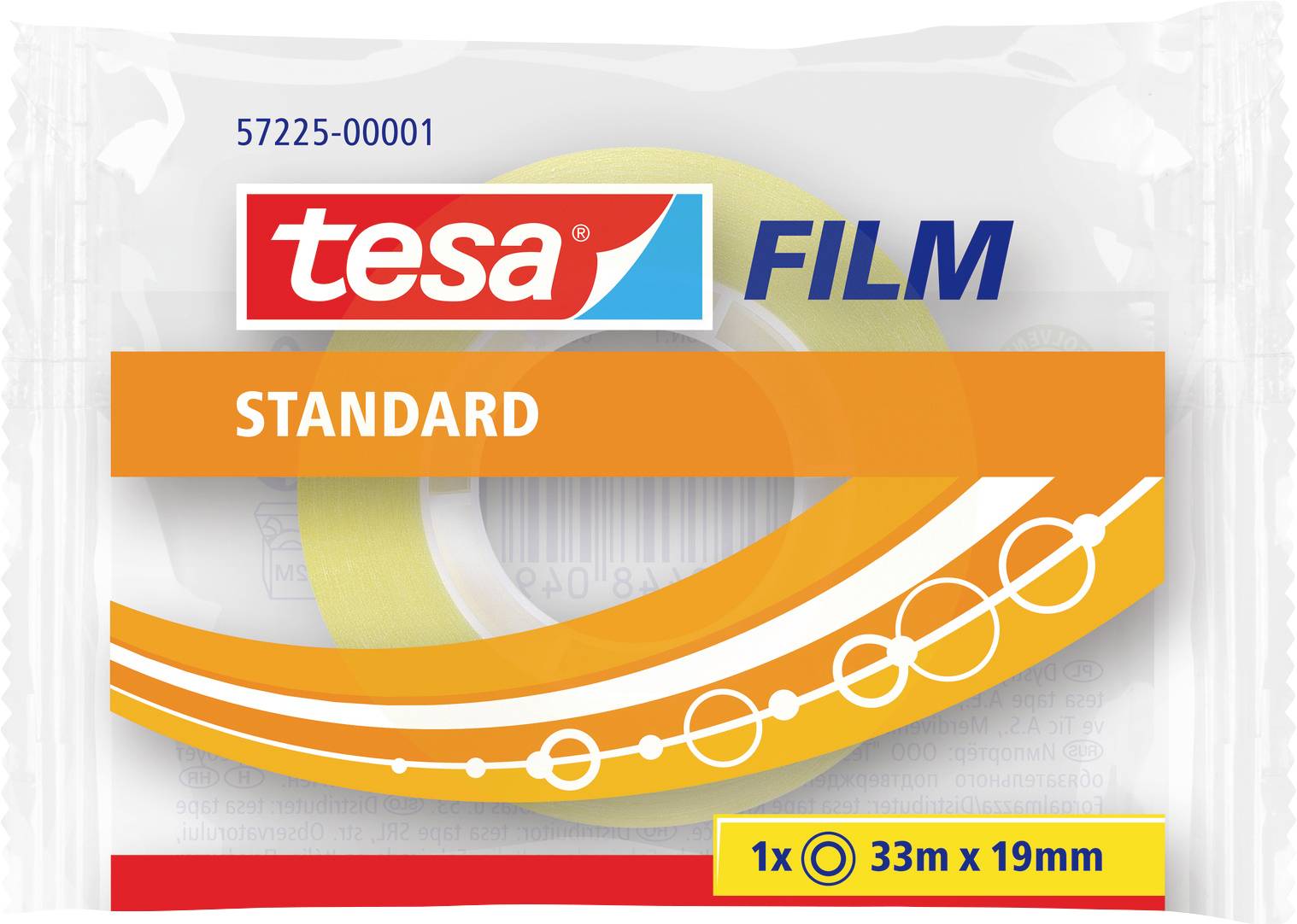 Verpackung von 'tesa' Standard-Klebeband, mit Markenlogo, Produktgröße '33m x 19mm' und orange Design mit weißen Kreisen.