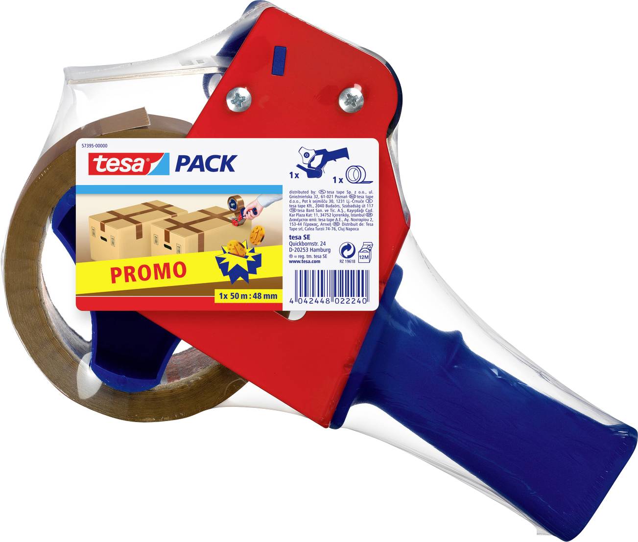 Ein rot und blau gemusterter Packband-Abroller mit einer Rolle braunem Klebeband mit der Aufschrift „tesa PACK PROMO