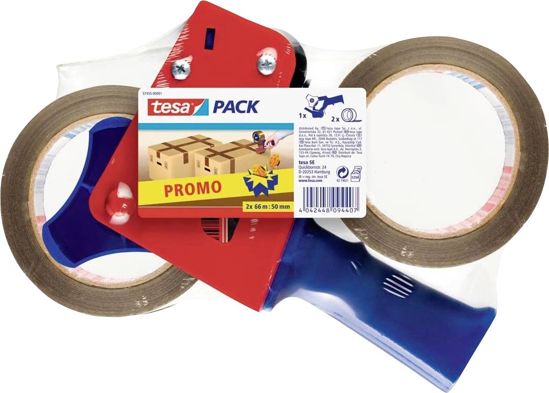 Das 'Tesa Pack Promo' Verpackungsklebeband-Set beinhaltet zwei Klebebandrollen, ein Schneidewerkzeug und einen blauen Griff. Es ist für das Verpacken und Versiegeln konzipiert.