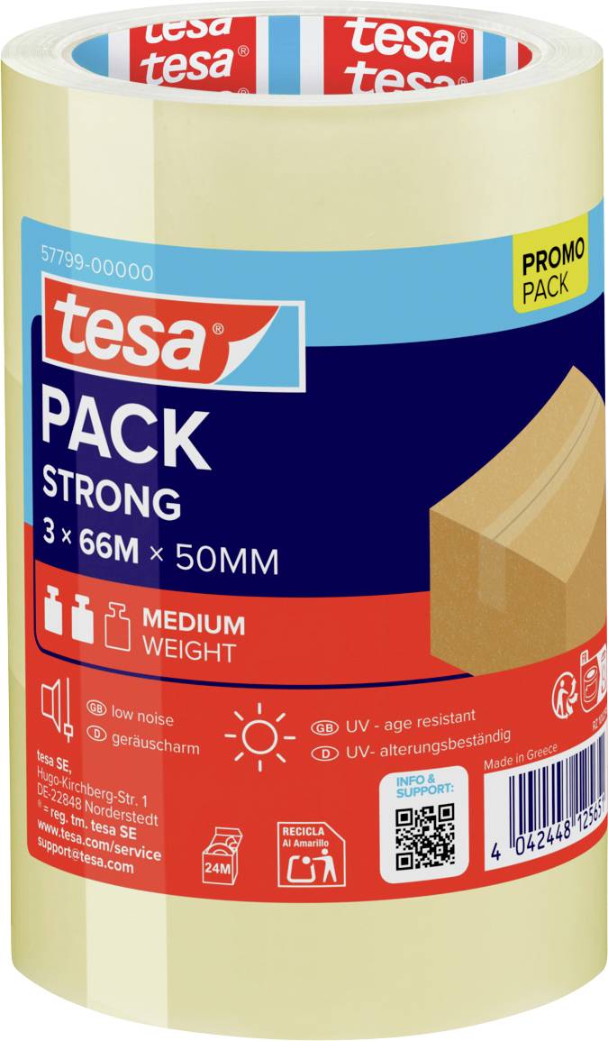 Rolle tesa PACK STRONG Klebeband, 66 m x 50 mm, in Promo-Packung für mittelschwere Pakete.