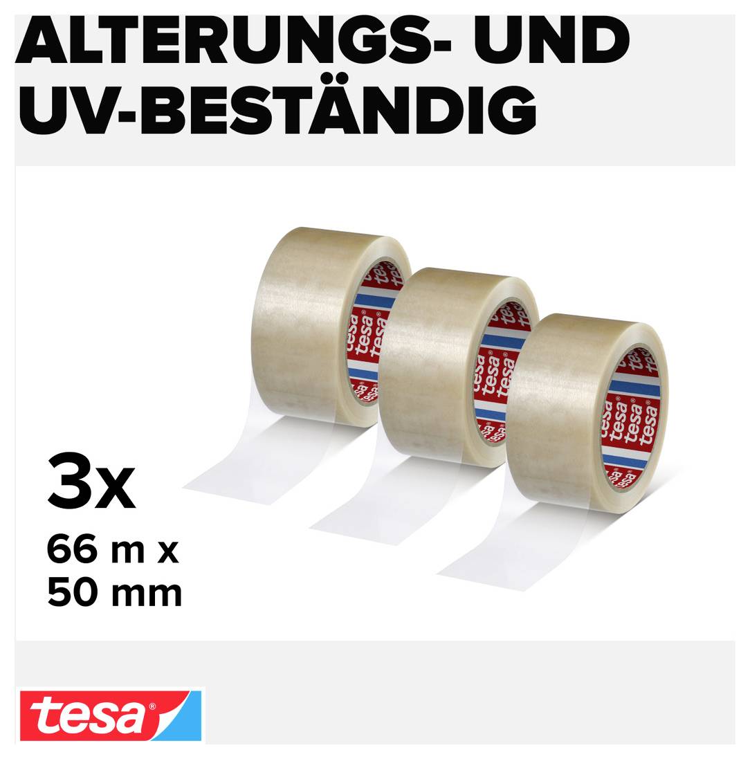 Werbung für alterungs- und UV-beständiges tesa-Klebeband, 3 Rollen, Maße 66 m x 50 mm.