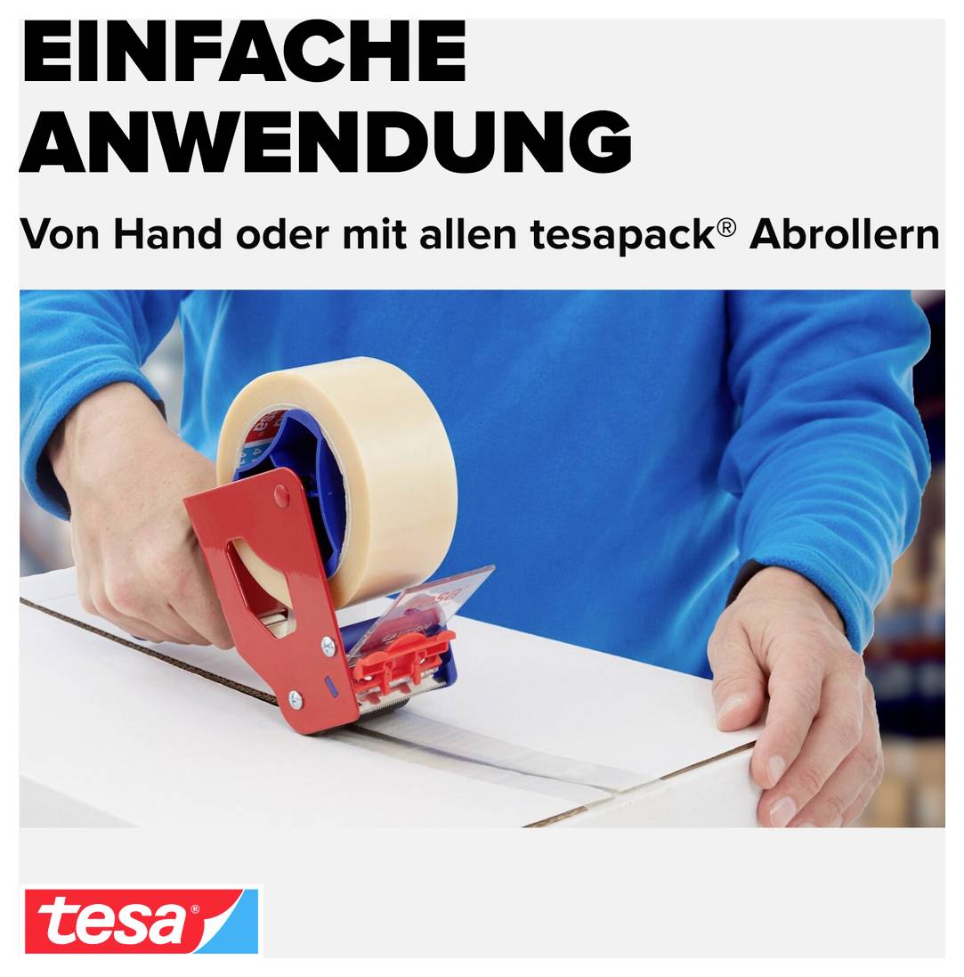 Werbeabbildung: Person verschließt einen Karton mit einem tesapack-Abroller; Text 'EINFACHE ANWENDUNG' und 'Von Hand oder mit allen tesapack® Abrollern'.